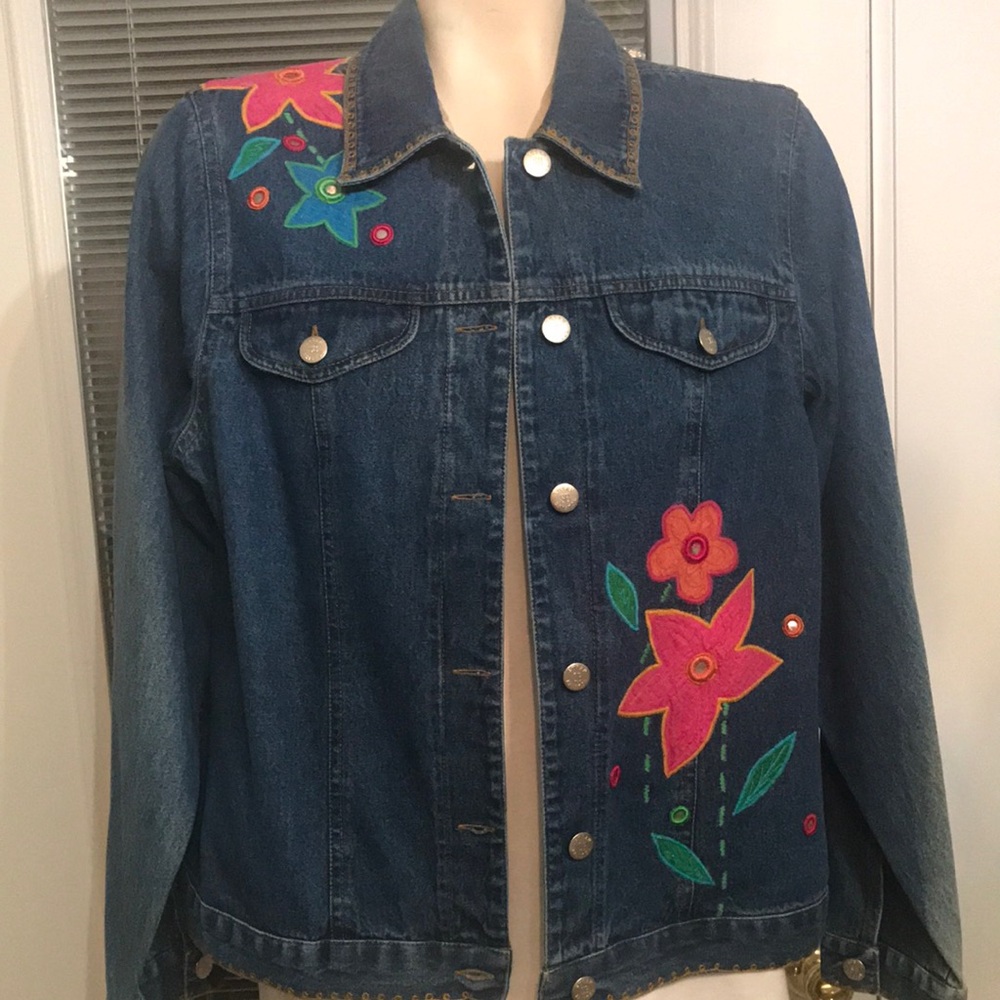 Susan Bristol Blue Jean Jacket with Floral Embroidery